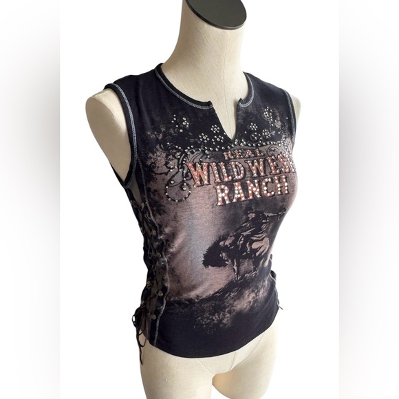 Y2K Made in USA Skinny Minnie Lace up Rhinestone Cowboy Graphic Tee size Medium - Picture 3 of 14